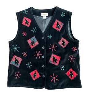 Vintage Talbots Black Velvet Christmas Vest Women M Red Beaded Holiday festive